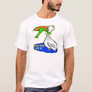 Kikker die vogel koelt, geeft nooit op t-shirt