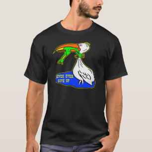 Kikker die vogel koelt, geeft nooit op t-shirt