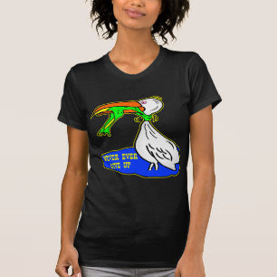 Kikker die vogel koelt, geeft nooit op t-shirt
