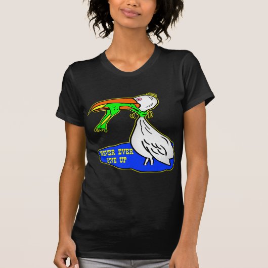 Kikker die vogel koelt, geeft nooit op t-shirt (Voorkant)
