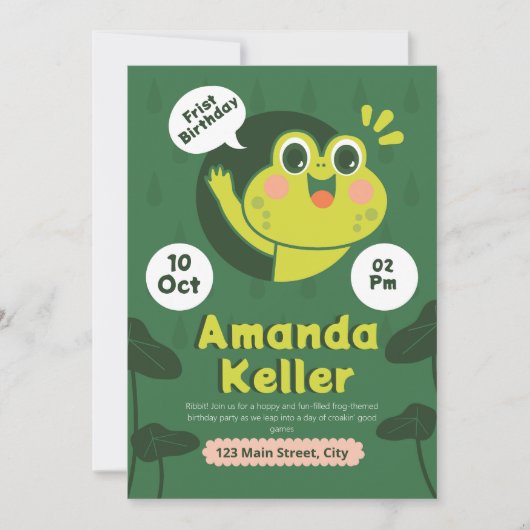 Kikker Eerste Verjaardag Uitnodiging (Voorkant)
