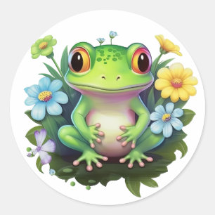 Kikker en Bloemen Ronde Sticker