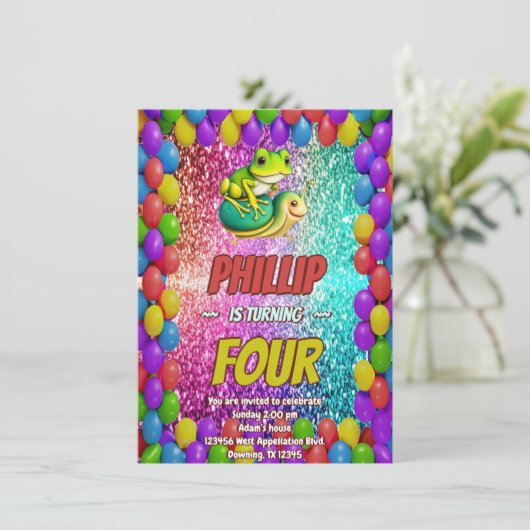 Kikker en Turtle karakter verjaardag uitnodigen Kaart (Staand voorkant)