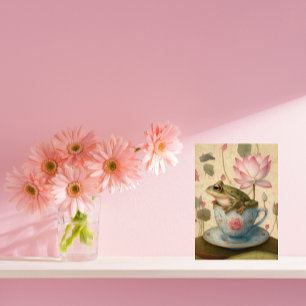 Kikker in Blauwe Bloemen Theekop met Lotus Flower Feestdagenkaart