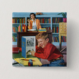 Kikker in de bibliotheek vierkante button 5,1 cm