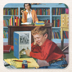 Kikker in de bibliotheek vierkante kartonnen onderzetter