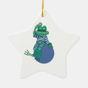 Kikker in Jeans, Birthday, Polka Dots, Douane Naam Keramisch Ornament
