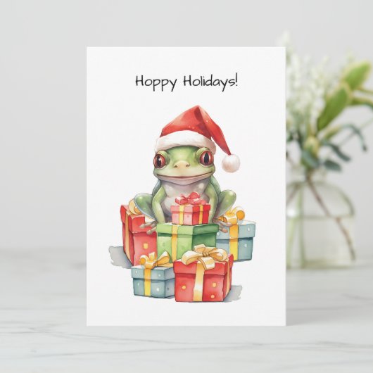 Kikker in kerstmannenhoed Kerstcadeaus van plezier Feestdagenkaart (Staand voorkant)