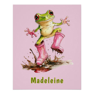 Kikker in Mooie Roze Laarzen in Plas Monogram Kind Perfect Poster