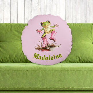 Kikker in Mooie Roze Laarzen in Plas Monogram Kind Rond Kussen