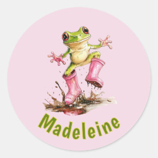 Kikker in roze regenlaarzen Monogram Pastel Kind's Ronde Sticker