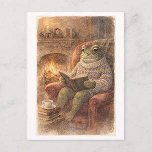 Kikker in vintage stijl lezend bij het haardvuur briefkaart