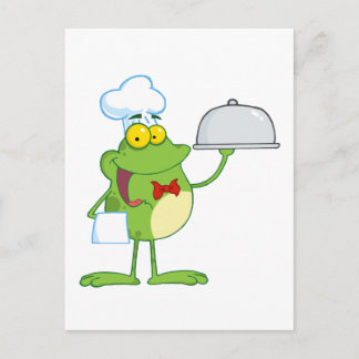 Kikker Mascot Chef die voedsel in een slanke zak l Briefkaart