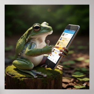 Kikker met behulp van een mobiele telefoon poster