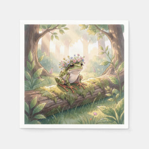 Kikker met bloemenkroon in bos servet