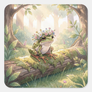 Kikker met bloemenkroon in bos vierkante sticker