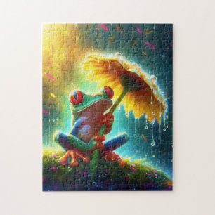 Kikker Met Gele Madeliefjesparaplu In De Regen  Legpuzzel