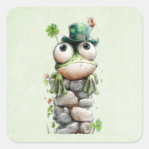 Kikker met groene hoed en klavertje vier schattig vierkante sticker