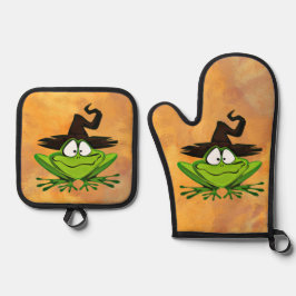 Kikker met heks Pet Halloween Ovenwant & Pannenlap Set