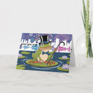kikker met hoge hoed op waterlelie gelukkig nieuwj kaart