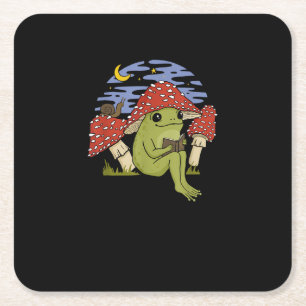 Kikker Met Paddenstoelen Hoed - Cottagecore Goblin Vierkante Kartonnen Onderzetter