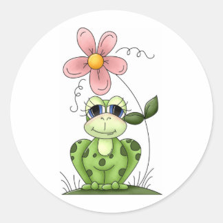 kikker met roze bloem ronde sticker