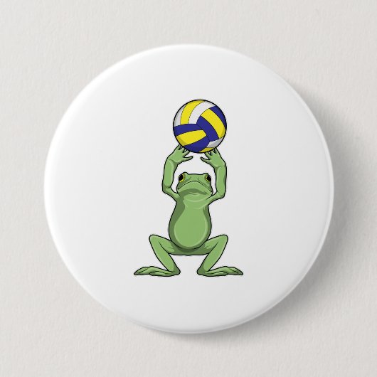 Kikker met volleybal ronde button 7,6 cm (Voorkant)