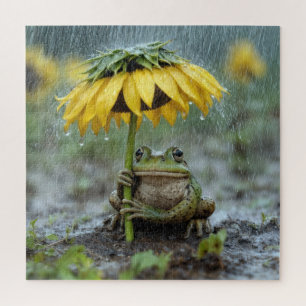 Kikker onder een zonnebloemparaplu in de regen legpuzzel