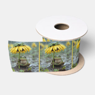 Kikker onder een zonnebloemparaplu in de regen lint