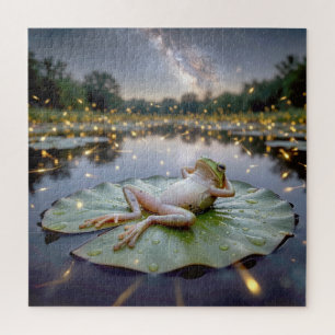 Kikker op een waterlelieblad met vuurvliegjes legpuzzel