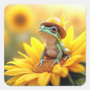 Kikker op een zonnebloem vierkante sticker