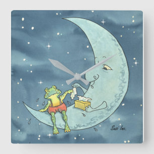 Kikker op moon Acrylwandklok, vierkant Vierkante Klok