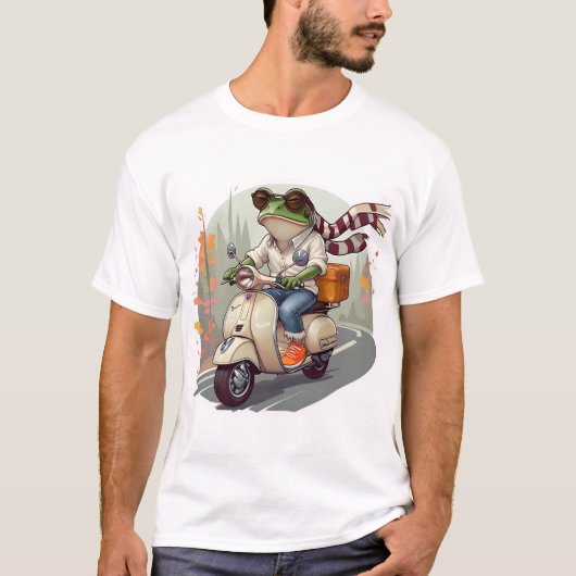 Kikker op retro scooter kunst. t-shirt (Voorkant)