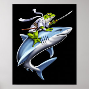 Kikker Samurai Ninja Riding Shark Poster