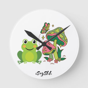 kikker, vlinder en paddenstoelen ronde klok