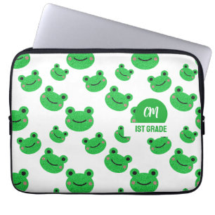 Kikkergelukkig Gezicht Patroon Groene Monogram Sch Laptop Sleeve