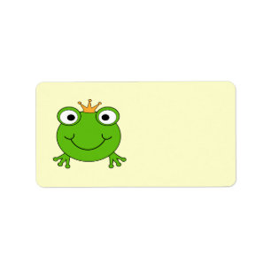 Kikkerprins. Kikker glimlachen met een kroon. Etiket