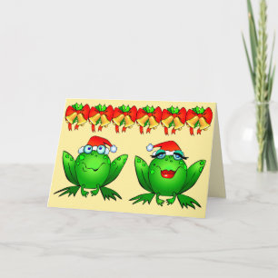 Kikkers met kerstmannenmutsen, bellen en vrolijke  feestdagen kaart