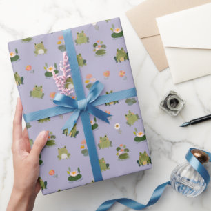 Kikkers & waterlelies op lichtgrijs-paars cadeaupapier