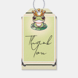Kikvorsprins met gouden kroon babyshower uitnodigi cadeaulabel