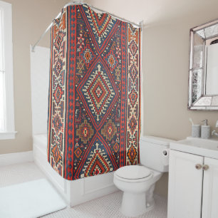 Kilim Aztec Red Blue Tan Douchegordijn