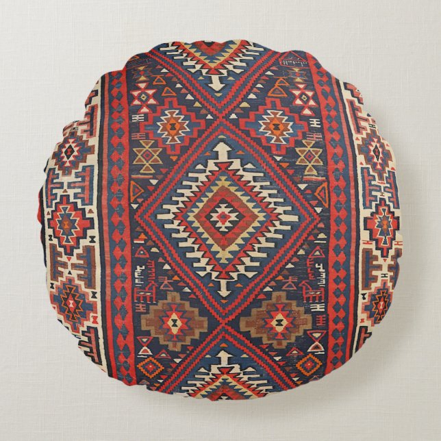 Kilim Aztec Red Blue Tan  Rond Kussen (Voorkant)
