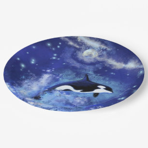 Killer Whale on Full Moon - Kunsttekening - Blauw Papieren Bordje