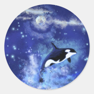 Killer Whale on Full Moon - Kunsttekening Ronde Sticker