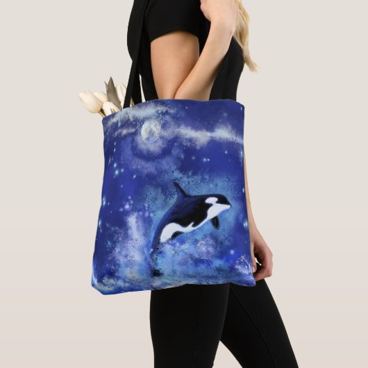Killer Whale op Full Moon Blue Canvas tas (Dichtbij)