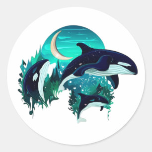Killer Whales Cool Blue Natuur Illustratie Ronde Sticker