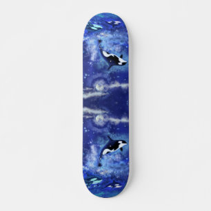 Killer Whales on Full Moon - Art Drager Blue Skateboard