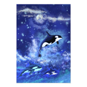 Killer Whales on Full Moon - Kunsttekening Foto Afdruk