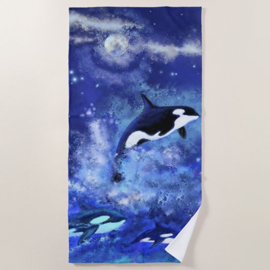 Killer Whales on Full Moon - Kunsttekening Strandlaken (Voorkant)