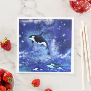 Killer Whales on Full Moon Napkins Blue Night Servet